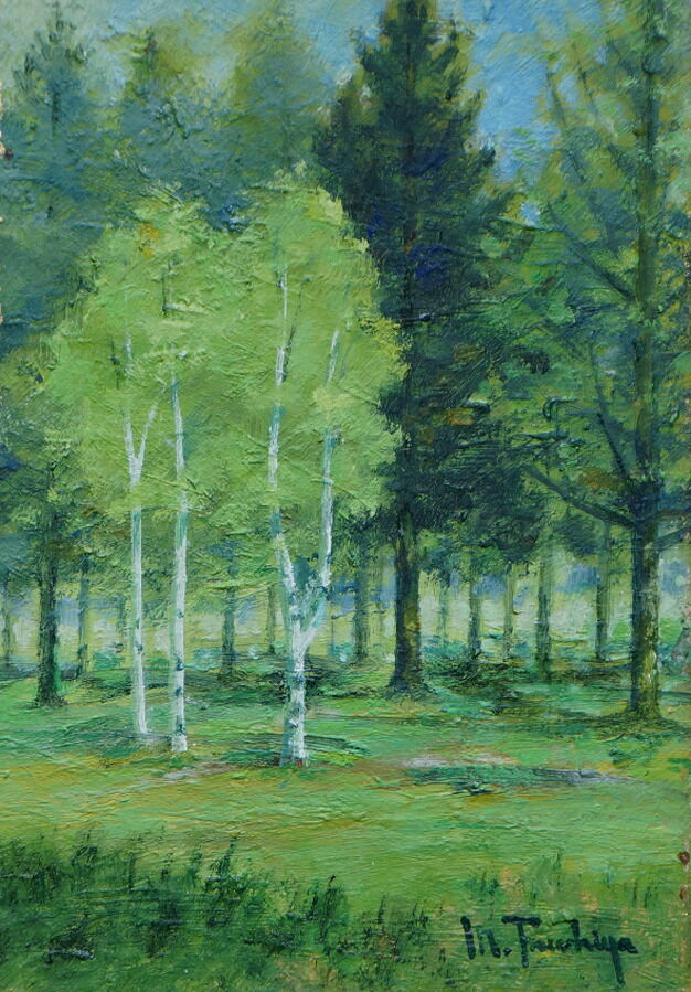 アート作品　油絵　緑の丸と白 油絵 絵画 白樺林【A4】 - HR | minne byGMOペパボ 国内最大級の