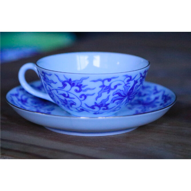 染付　花草山水人物文碗　茶碗　時代箱付　V　7193 染付 花草山水人物文碗 茶碗 時代箱付 V 7193 染付 花草