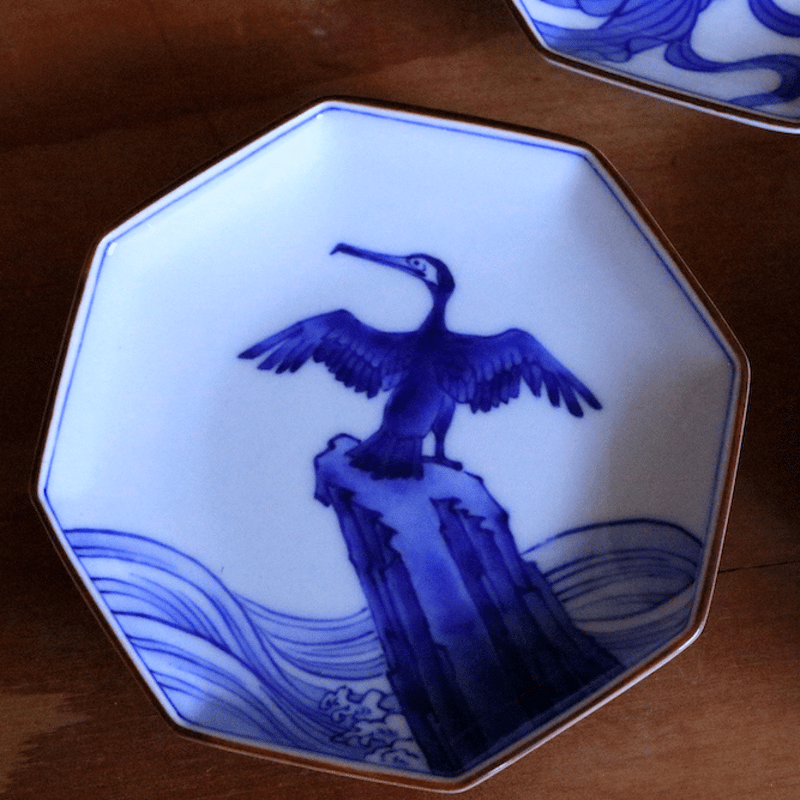 染付天女文八角銘々皿／染付虎文八角銘々皿／染付荒磯鵜文八角銘々皿