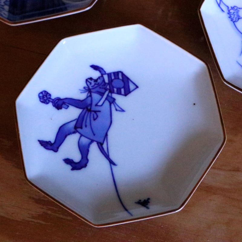 染付天女文八角銘々皿／染付虎文八角銘々皿／染付荒磯鵜文八角銘々皿