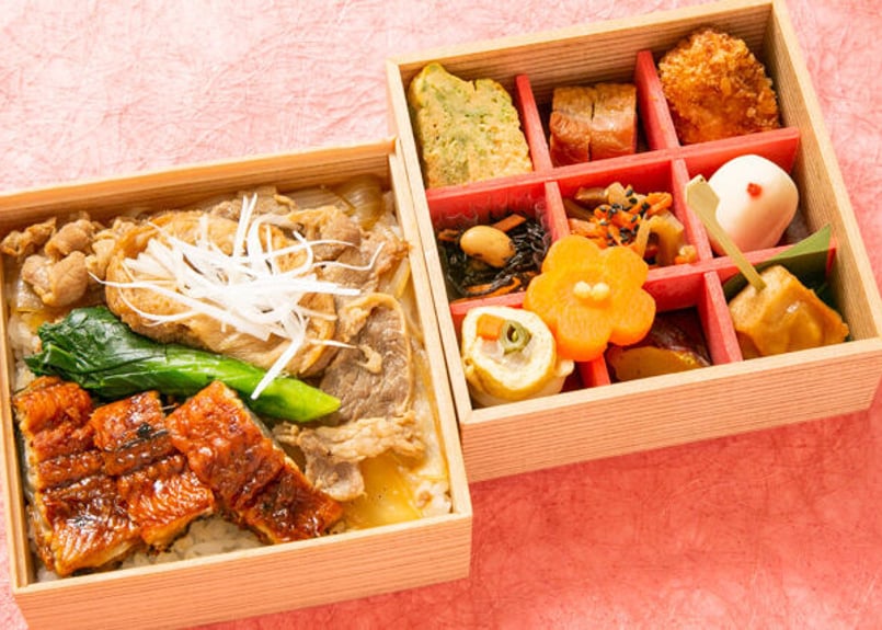 鰻ちらし・あふそや特製牛丼と彩り9升の二段弁当【ペットお茶付