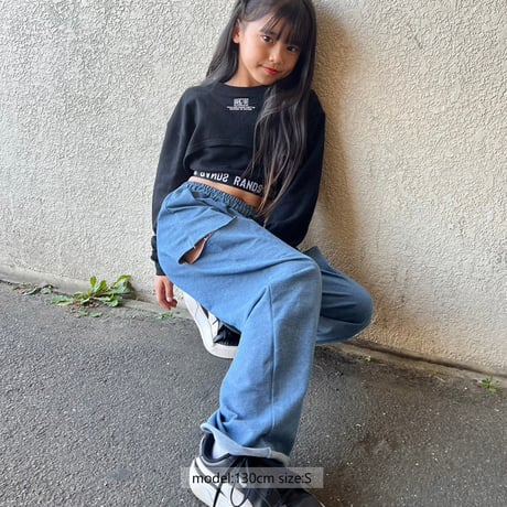 r1008　サイドダメージデニム風ワイドパンツ