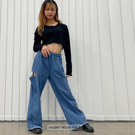 r1008　サイドダメージデニム風ワイドパンツ