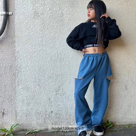 r1008　サイドダメージデニム風ワイドパンツ