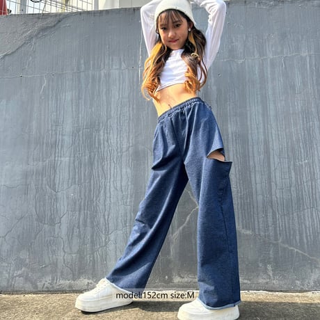 r1008　サイドダメージデニム風ワイドパンツ