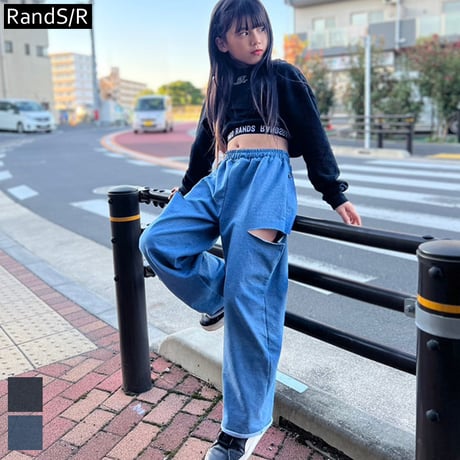 r1008　サイドダメージデニム風ワイドパンツ