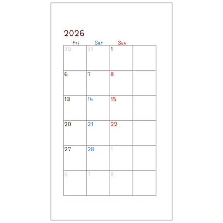 2026カレンダーリフィル見開き（祝日入り）（月曜始まり）（B6Bible）