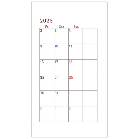 2026カレンダーリフィル見開き（祝日入り）（月曜始まり）（B6Bible）