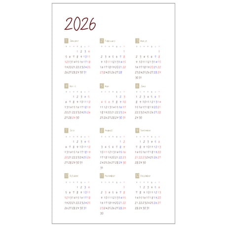 2026カレンダーリフィル見開き（祝日入り）（月曜始まり）（B6Bible）