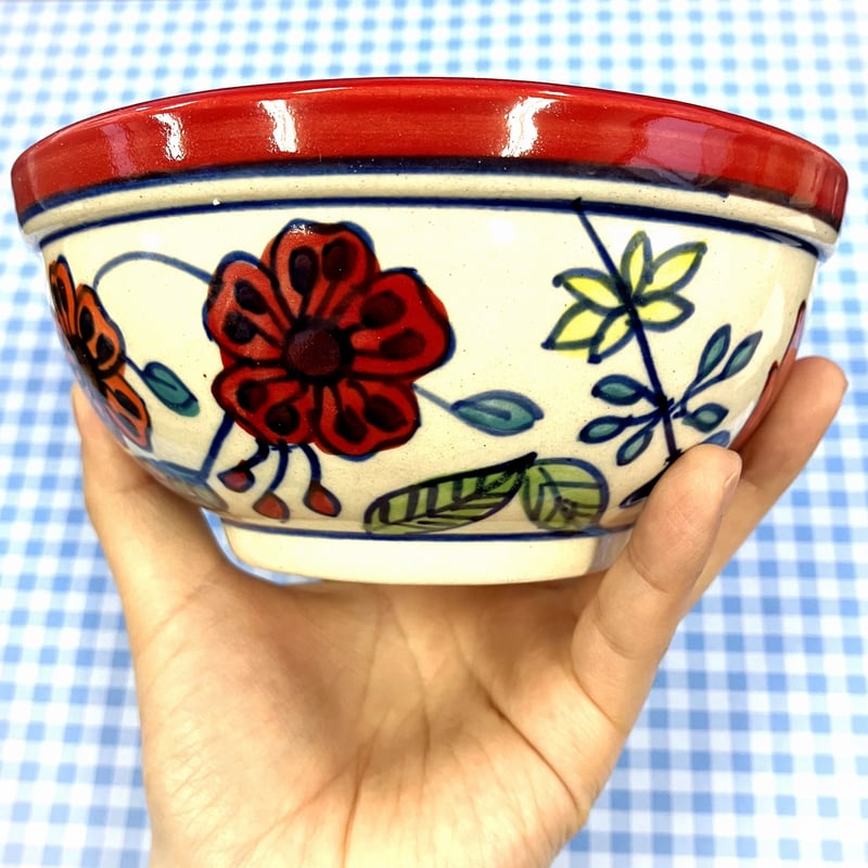アンティーク 陶器製 コンポート ボウル 花柄カンパニユラの赤 インド製の花柄ボウル プリヤボウル | made me chum