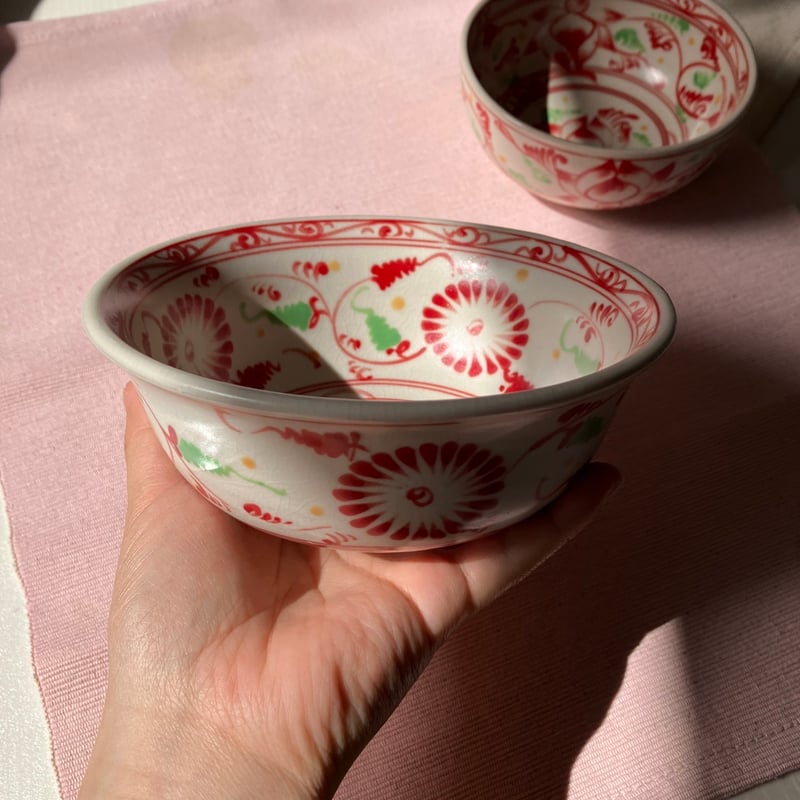 バッチャン焼き 赤い 菊 お椀 どんぶり 丼 大きめ オールド | made me chum