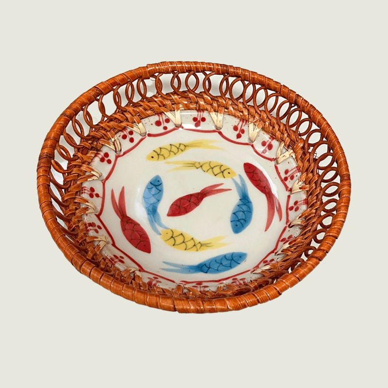 バッチャン焼き 籐トレイ ラタン カラフルな小魚たち ベトナム雑貨