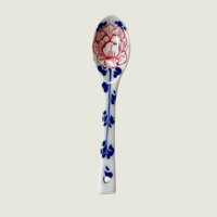 バッチャン焼き　スプーン　小　青い葉と赤い芙蓉　蓮　　ベトナム雑貨