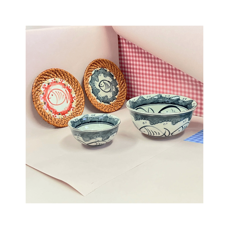 【ベトナム】バッチャン焼き　魚模様の陶磁器食器セット ベトナム】バッチャン焼き 魚模様の陶磁器食器セット