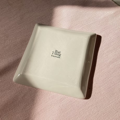 バッチャン焼き　正方形皿　スクエアプレート　蓮　オールド柄　ネイビー　青　ベトナム雑貨