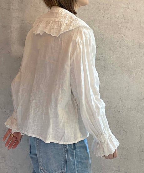 made in japan  Gauze#　G1160　リネンアンティークフリルブラウス　　ロイヤルホワイト