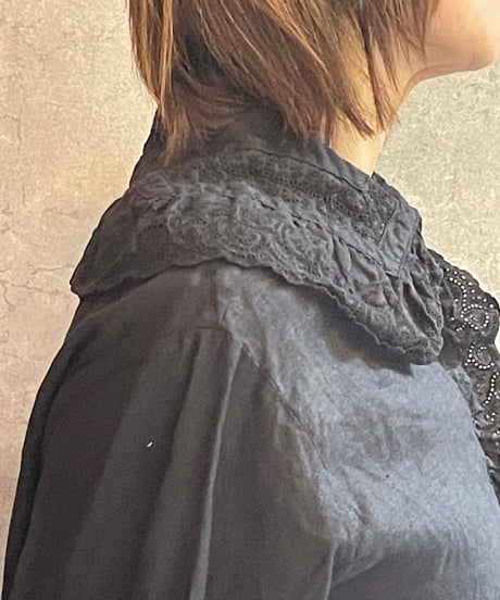 made in japan  Gauze#　G1160　リネンアンティークフリルブラウス　BLACK