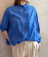 made in japan　Hands of creation  1620623　コットンリネンローンピンタックフリルブラウス　ブルー