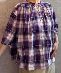 Hands of creation　1520622 　マドラスチェックマドラスチェック スタンドカラーギャザーブラウス