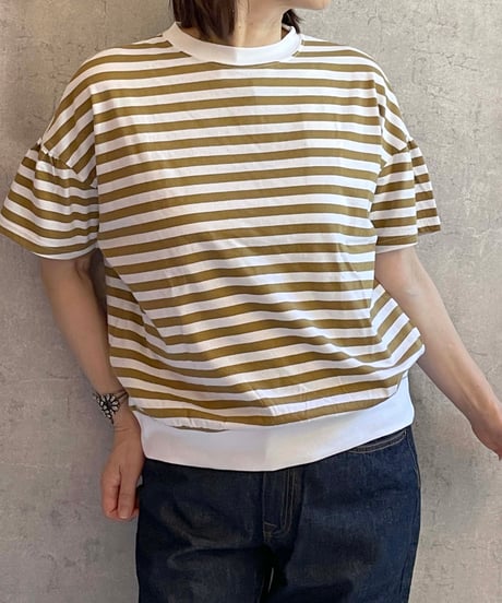 made in Japan   FABRIQUE en planète terre  261-033 コットン ボーダー ギャザー 半袖Tシャツ NAVY