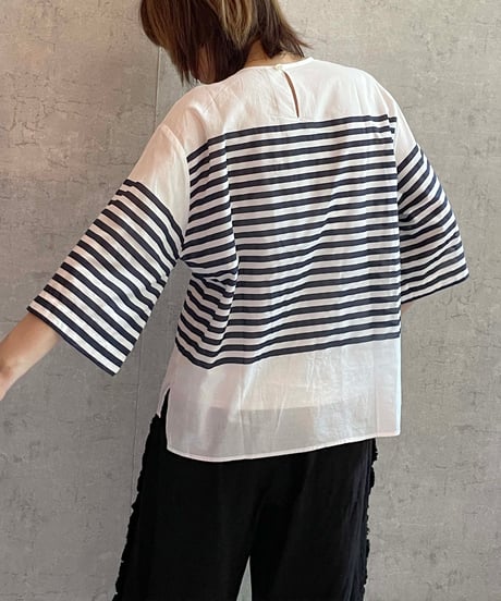 made in Japan　LABORATORY　LA471　バスクボーダーショートスリーブブラウス　WHITE×NAVY