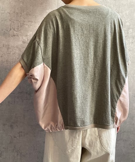 In trace(イントレース）8T010kh　クラッシュキルトTEE　グレー×ピンク