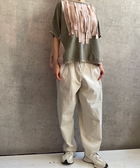 In trace(イントレース）8T010kh　クラッシュキルトTEE　グレー×ピンク