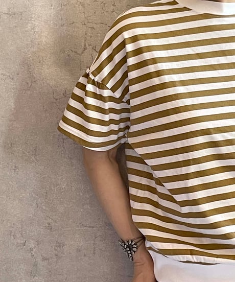 made in Japan   FABRIQUE en planète terre  261-033 コットン ボーダー ギャザー 半袖Tシャツ  camel