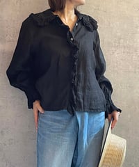 made in japan  Gauze#　G1160　リネンアンティークフリルブラウス　BLACK