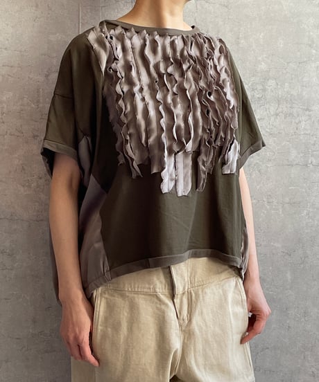 In trace(イントレース）8T010kh　クラッシュキルトTEE　グレー×ピンク