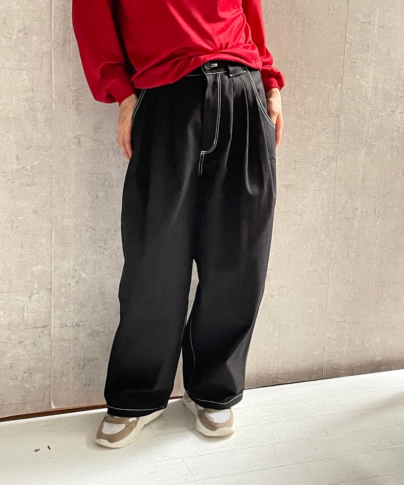 MANON MNN-PT-150 ヴィンテージ サージ スリータック ワイドパンツ BLAC