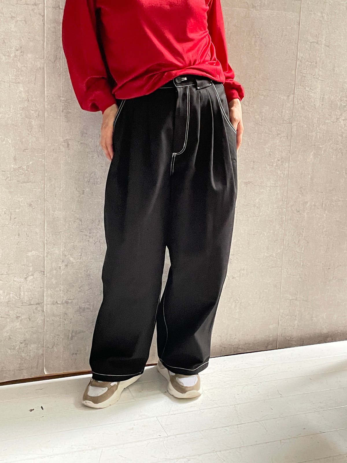 MANON MNN-PT-150 ヴィンテージ サージ スリータック ワイドパンツ BLAC