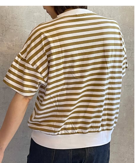 made in Japan   FABRIQUE en planète terre  261-033 コットン ボーダー ギャザー 半袖Tシャツ  camel