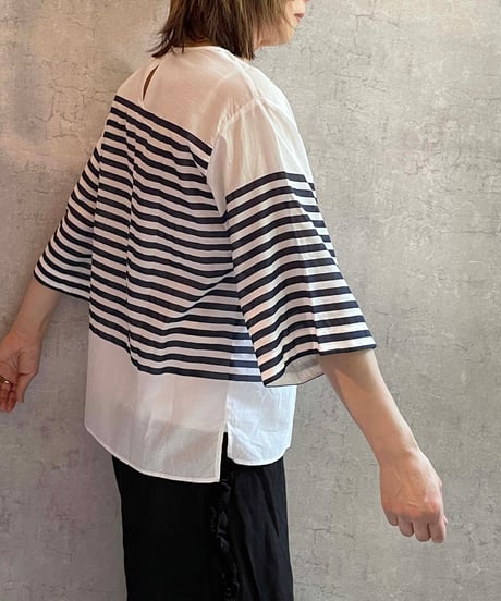 made in Japan　LABORATORY　LA471　バスクボーダーショートスリーブブラウス　WHITE×NAVY