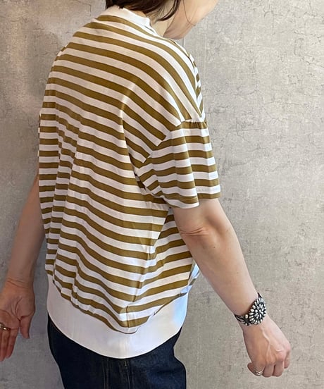 made in Japan   FABRIQUE en planète terre  261-033 コットン ボーダー ギャザー 半袖Tシャツ  camel