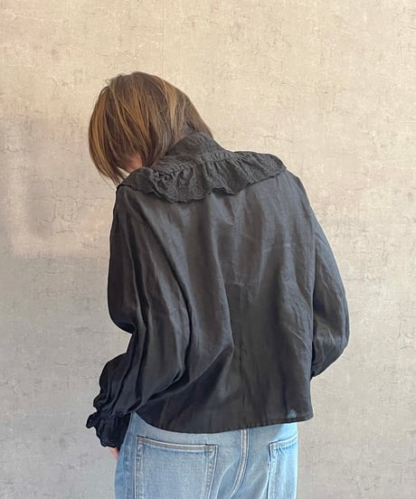 made in japan  Gauze#　G1160　リネンアンティークフリルブラウス　BLACK