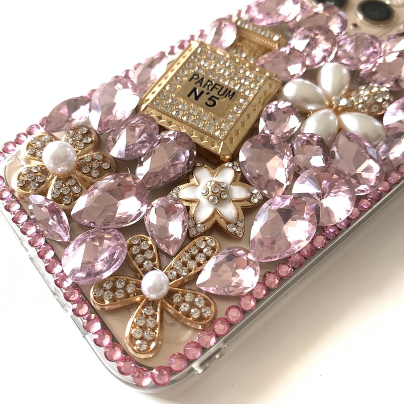 大粒ストーン ピンク×No.5 iPhoneケース | ブラックパール神戸三宮