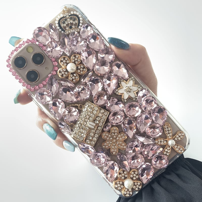 大粒ストーン ピンク×Bag iPhone ケース | ブラックパール神戸