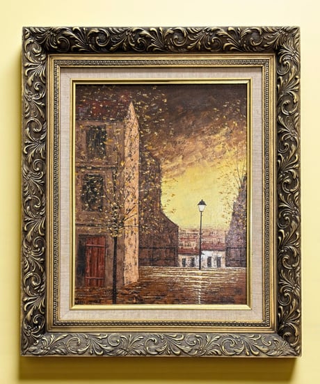 油絵 ヨーロッパの街並み 街灯 金額 風景 油彩 額装 額 壁掛 絵画 色絵 雑貨 インテリア アンティーク コレクション