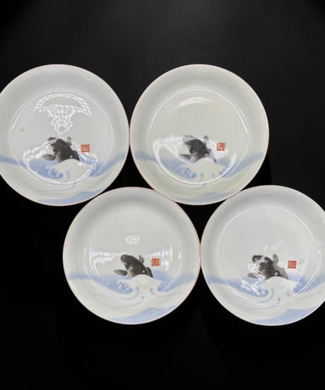 【4客セット】古伊万里 源六製 鯉 刺身皿 小皿 丸皿 取り皿 盛り皿 飾皿 時代物 和食器 骨董品 アンティーク