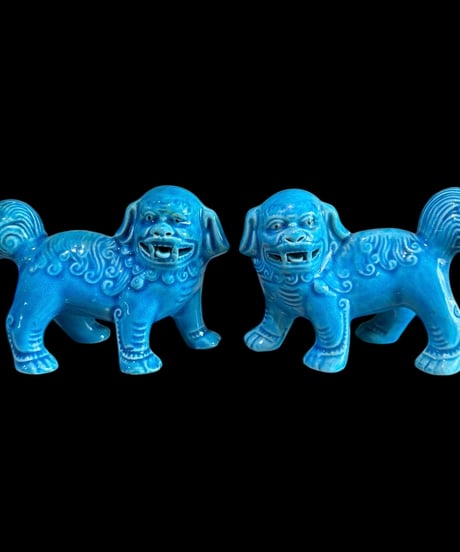 【2体セット】青獅子 ペア 唐獅子 中国 置物 美術品 縁起物 オブジェ 陶磁器 陶器 骨董品 アンティーク