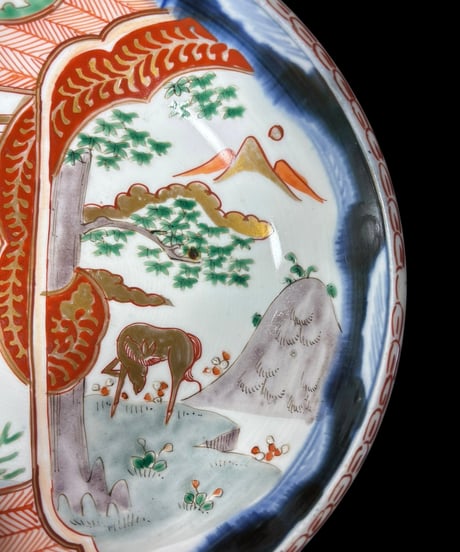 大鉢 [松竹梅鶴馬風景文] 伊万里 金彩 色絵 大皿 丸皿 鉢 盛り皿 飾り皿 古伊万里 古美術 和食器 骨董品 アンティーク