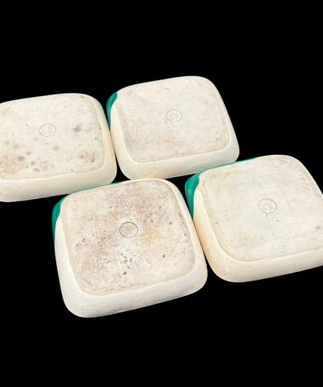 【4客セット】 萬古焼 織部 菓子器 草花 四角皿 角皿 菓子皿 茶道具 時代物 骨董品 アンティーク