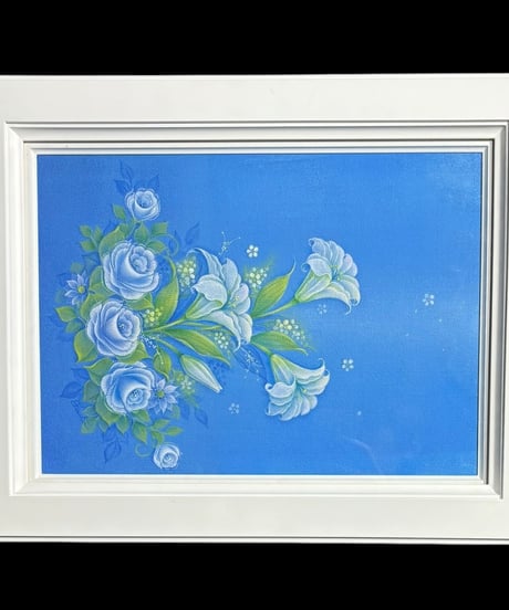 油絵 ブルーリリー 青 薔薇 油彩 看板 額装 壁掛 絵画 色絵 バラ 雑貨 インテリア アンティーク コレクション