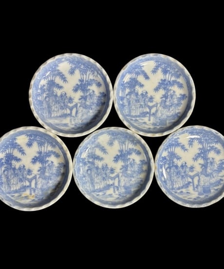【5客セット】 古伊万里 染付 小皿 人物風景図 銘々皿 丸皿 和食器 伊万里 陶器 時代物 骨董品 アンティーク