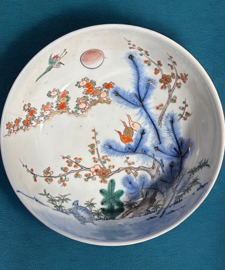 古伊万里 大鉢 鶴亀松竹梅 柿右衛門様式 色絵 鉢 取り皿 飾り皿 和食器 明治 伊万里 陶器 骨董品 アンティーク