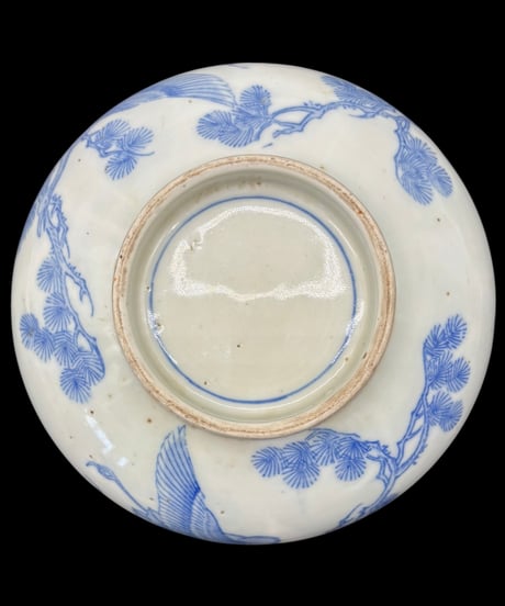 江戸期 古伊万里 染付 鶴松富士図 丸皿 鉢 盛り鉢 飾皿 和食器 陶器 時代物 骨董品 アンティーク
