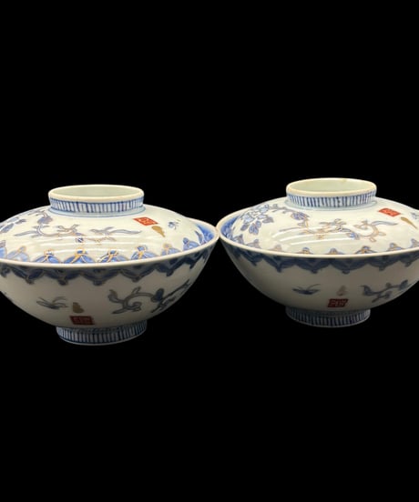 【2客セット】 江戸期 古伊万里 染付 麒麟草花文図 蓋付き椀 汁椀 茶碗 蓋物 取り皿 時代物 和食器 骨董品 アンティーク