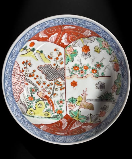 江戸期 古伊万里 色絵鉢 鹿鳥草花文図 紅葉 窓絵 盛り鉢 染錦 鉢 取り皿 飾り皿 和食器 陶器 伊万里 時代物 骨董品 アンティーク