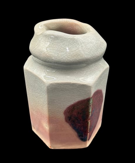 陶芸 在銘 花瓶 フラワーベース 六角壺 裏印あり 壺 花入れ 花器 陶器 古美術 時代物 骨董品 アンティーク